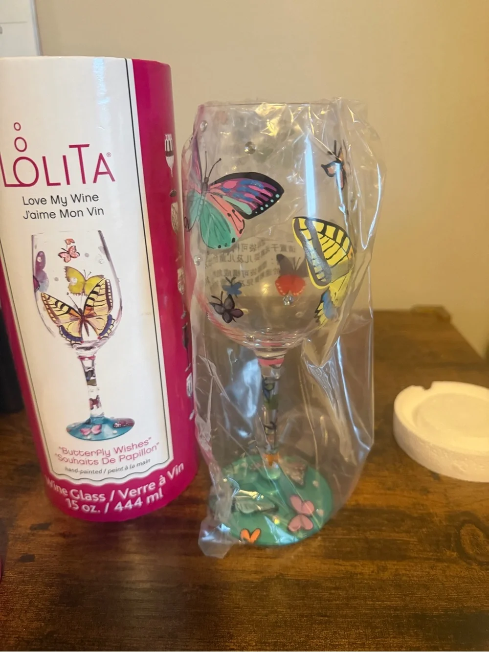 Lolita Hand-Painted Butterfly Wishes Wine Glass in Teal, Yellow, Pink